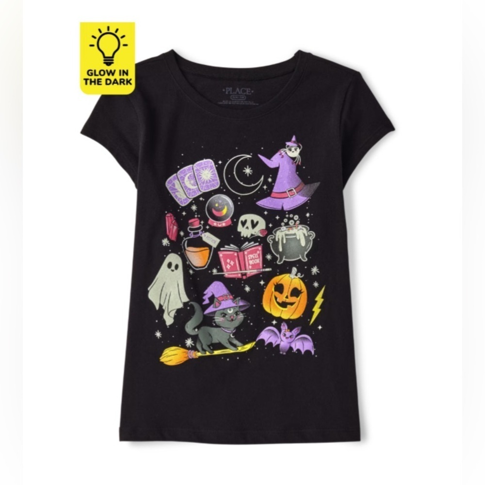 NEW - The Children’s Place
Girls Glow Halloween Doodle Graphic Tee - Black.